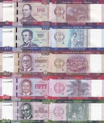 Liberia Set 5 Piezas 5 10 20 50 100 Dólares P 31 32 39 40 41 2016 - 2022 UNC Foto 1 de 3