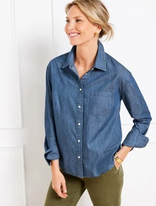 Camisa Talbots Talla M Azul Denim Cambray Manga Larga Con Botones Vaquera Occidental - Imagen 1 de 5