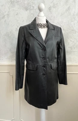 Vintage 1990's FREEMAN'S 100% Black Real Leather Retro Pointed Collar Jacket 12 - Image 1 of 4