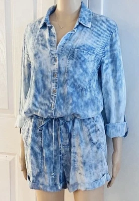 Cloth & Stone Women's Blue Striped Short Romper Long Sleeve Size M - Image 1 of 4