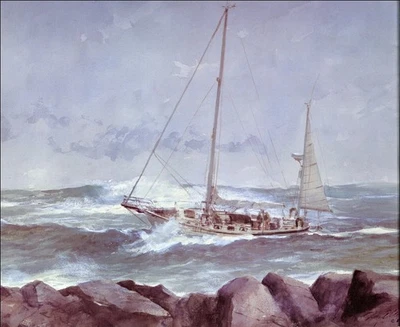 Barco de vela con estampado Ray Ellis 1985 de colección Sea Atlantic City Nueva Jersey costa acuarela Foto 1 de 3