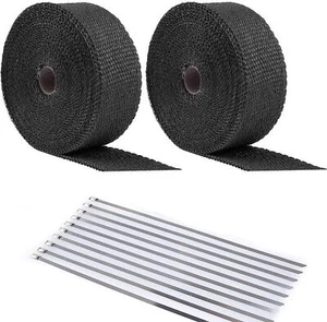 Cinta térmica de tubo de escape de fibra de vidrio negra de 2 rollos x 2" 50 pies + kit de 20 lazos - Imagen 1 de 8