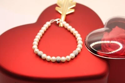 BRACCIALE  ARGENTO PERLE COLTIVATE ACQUA DOLCE SFERE ARGENTO DIAMANTATE MM 6-6,5 - Immagine 1 di 4