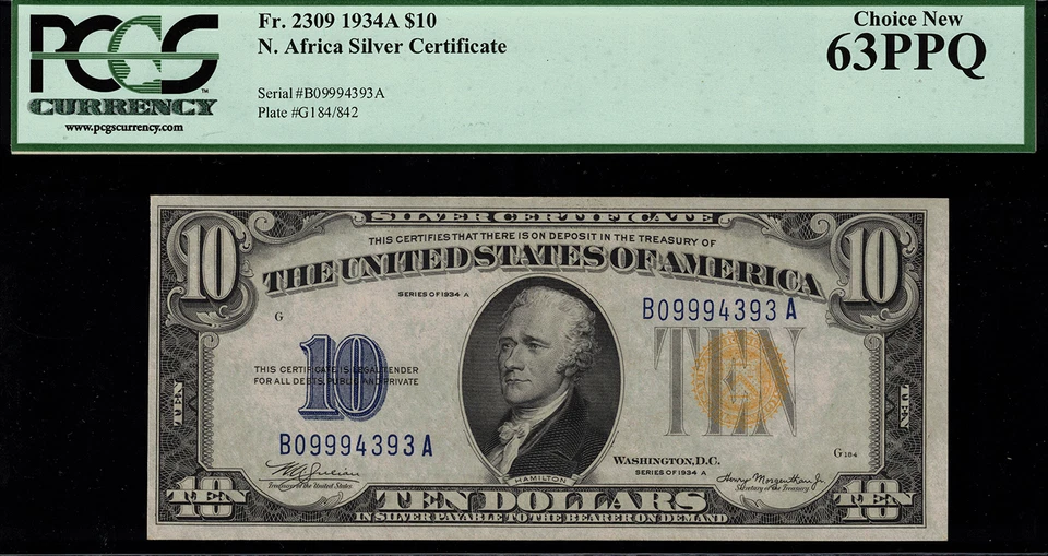 1934A $10 North Africa WWII Emergency Issue FR-2309 - PCGS 63PPQ - Image 1 of 2