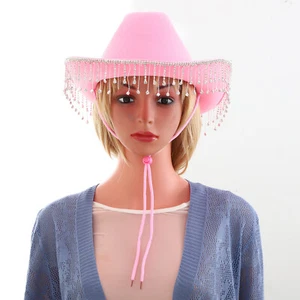 Women Bridal Shiny Fringe Decorated Western Cowboy Party Hat with Drawstring_New - Picture 1 of 33
