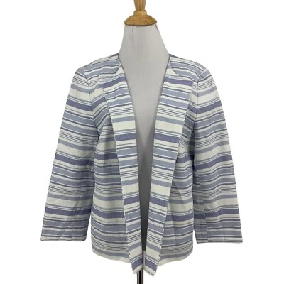 Talbots Blazer Womens 16 Petite White Blue Stripe Biscay Lined Open Front Jacket - Image 1 of 4