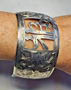 STERLINGSILBER 950 CHINESISCHE GLÜCKSSYMBOLE GRAVIERTES BREITES MANSCHETTENARMBAND - Bild 1 von 8
