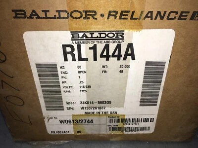 Baldor-Reliance .25hp motor, RL144A, 1 phase, 115/230v, 1725rpm, Frame 48, NIB - Image 1 of 3