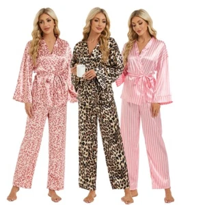 Nuevo conjunto de pijamas de satén de seda de lujo para mujer manga larga cuello en V ropa de dormir ropa de salón - Imagen 1 de 13