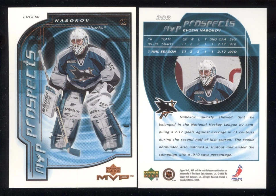 203 EVGENI NABOKOV ROOKIE RC 2000-01 Upper Deck MVP Hockey Prospects SHARKS - Image 1 of 1