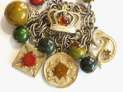 UK THEMED VINTAGE CHUNKY BAKELITE & RHINESTONE CHARM BRACELET w BLUE MOON CROWN - Image 1 of 4
