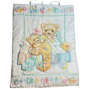 Vintage Baby Cotton Quilt Blanket 32x42 Teddy Bear Nursery White w/ Pastel Color - Picture 1 of 6