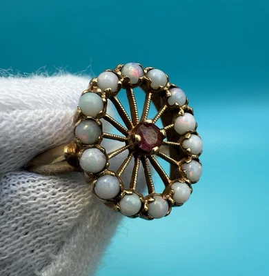 Lovely Antique Art Deco 1900s Opal & Ruby Cluster 10k Ring - Image 1 of 4