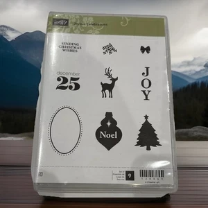 Juego de 9 estampillas de goma Stampin' Up “Celebraciones alegres” artesanías de Navidad árboles alegría. - Imagen 1 de 3
