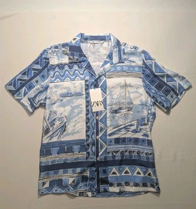 Zara Button Up Short Sleeve Shirt Mens Size Medium Blue White Nautical Ocean NWT - Picture 1 of 17