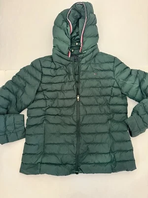 Abrigo acolchado con capucha Tommy Hilfiger para mujer M verde ligero con logotipo bolsillos Foto 1 de 4