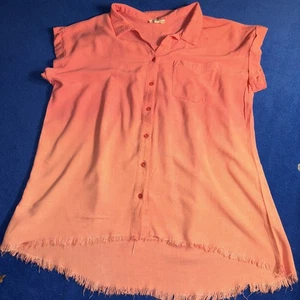 Umgee Shirt Damen L koralle rosa ombre Knopfleiste Leinenmischung Fransen Strand Küste - Bild 1 von 6