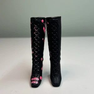Vintage 70’s Barbie Doll Squishy Black Knee High Mod Lace Up Boots Mattel - Picture 1 of 11