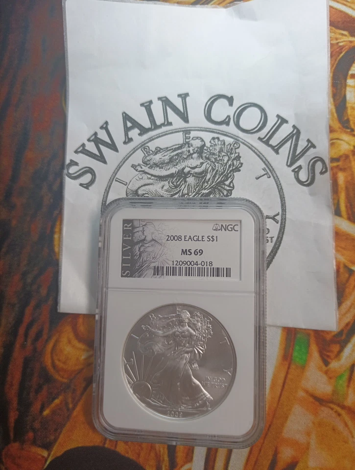 2008 American Silver Eagle – NGC MS69 – silver Label EQ108-09 - Image 1 of 3