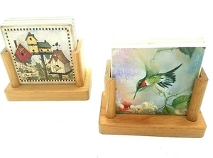 Vintage 2 Sets of 4 Tile Coasters Cork Bottoms Bird & Bird Houses Wooded Holders - Picture 1 of 8