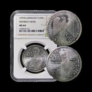 GERMANY. 1997, 10 Mark, Silver - NGC MS64 - Heinrich Heine, Munich - Picture 1 of 5