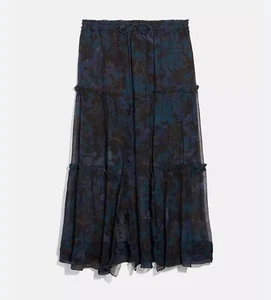 Coach Silk Skirt Tiered Front Slits Black Blue Floral Women Size 8 - Picture 1 of 7