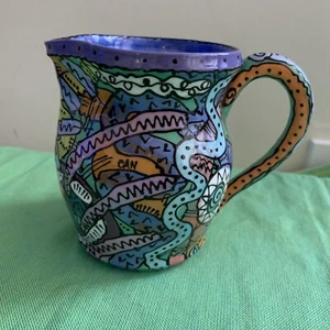 GERARD STOWELL SIGNED ART POTTERY Jazzy hand painted pitcher 4 1/2" - Picture 1 of 11