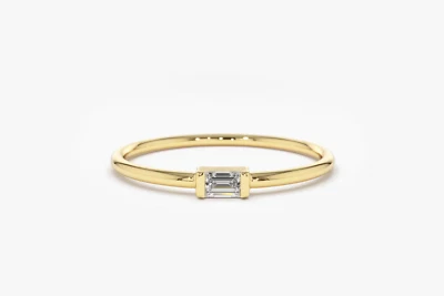 14k Solid Gold Baguette Diamond Stacking Band, Dainty Baguette Diamond Ring - Image 1 of 3