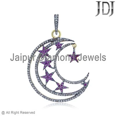 Natural Ruby Gemstone Pave Diamond 925 Silver Moon Star Charm Designer Pendant - Image 1 of 4
