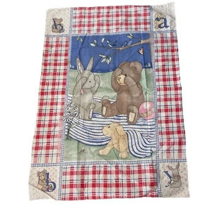 Vintage Sewing Craft Fabric Panel Teddy Bear Rabbit Dog Red Plaid 32” X 45” - Picture 1 of 7