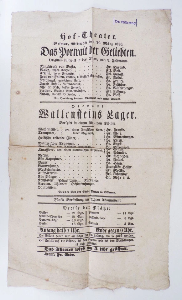 Theater Aushang Weimar 1850 Hottheater  Wallensteins Lager Büttenpapier - Bild 1 von 1