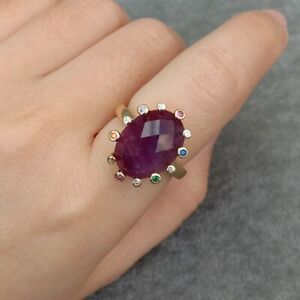 Real Amethyst Rhinestone Rings Gold Plated Brass Gemstone Ring For Engagement