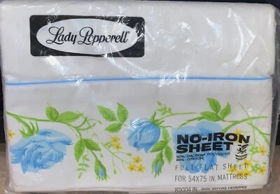 Vintage Lady Pepperell Full Flat Sheet~White W/ Blue Roses Floral Border~New - Image 1 of 3