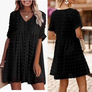 KIRUNDO Women's Summer Casual V Neck Short Sleeve Dot Mini Babydoll Dress XL - Picture 1 of 9