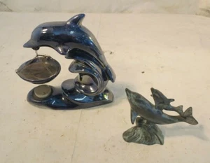 Lot Of 2 Dolphin Statue Figurine - 1 Ceramic, 1 Metal, Incense Burner - Picture 1 of 6