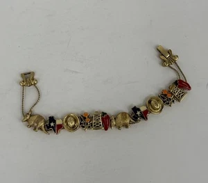 Vintage Gold Tone Texas Themed Enamel Charm Slide Bracelet USA Collectible EUC - Picture 1 of 5