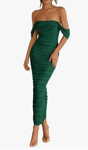 Vestito Bodycon Grazioso Giardino Fuori Spalla Increspato Verde Taglia Media - Foto 1 di 4