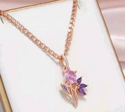 Schöne Halskette mit Anhänger 585er Rolled Roségold Walzgold Blumenform Zirkonia - Bild 1 von 4