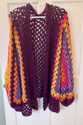 Cardigã hexágono de crochê feito à mão suéter ameixa laranja amarelo tamanho grande a 2XL - Imagem 1 de 4