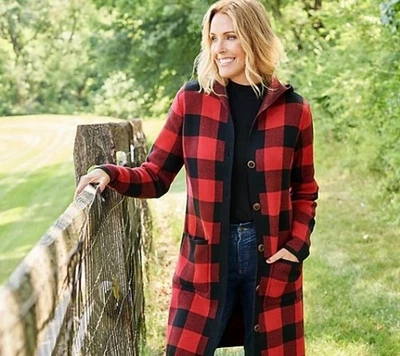 Cárdigan tejido suéter jacquard con capucha Denim & Co./rojo manzana y negro/grande/¡NUEVO!!! Foto 1 de 4