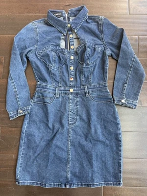 Vestido Bebe Western Denim mini botões frontais recortes bolsos de lavagem Califa novo com etiquetas 6 - Imagem 1 de 4