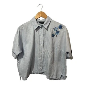 Topshop Kady Tiger Embroidered Button Up Shirt Size 4 Crop Blue - Picture 1 of 8