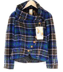 DESIGUAL Womens Wool Blend Jacket 36 Blue Checked Embroidered Single-Breasted - Picture 1 of 9