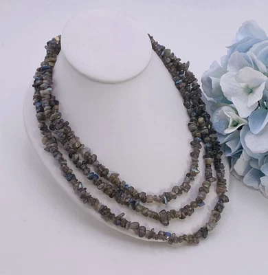 Sterling Labradorite Necklace Long Blue Flash Labradorite Chip Necklace 60 Inch. - Image 1 of 4