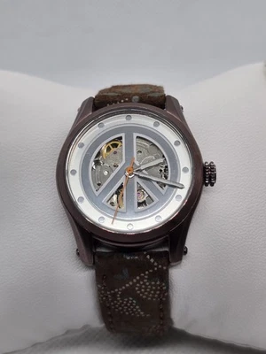 Reloj automático esqueleto marca Lucky Sign Peace para hombre 32 mm con correa de cuero marrón Foto 1 de 4