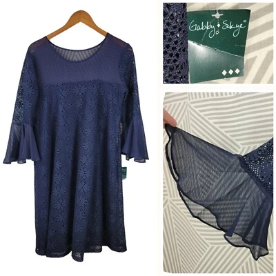 Nuevo Vestido Gabby Skye Talla 8 Floral Encaje Malla Elastizada Azul Marino Campana Manga Acampanada Foto 1 de 4