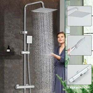 Bathroom Mixer Shower Thermostatic Dual Head Square Rainfall Head Handset Chrome - Picture 1 of 19