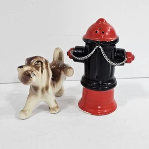 Vintage Ceramic Brown Hound Dog / Fire Hydrant Salt and Pepper Shaker Set Humor - Picture 1 of 23