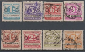 Estampillas de paquetes ferroviarios de 1d a 5/- OS sobreimpresas grupo de 8 gobiernos estatales NSW - Imagen 1 de 2
