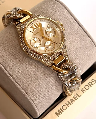 MICHAEL KORS  MK6842 Camille Pave Glitz Gold-Tone Crystal Chain Watch BNWT $395 - Image 1 of 4